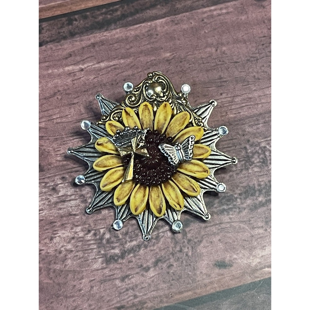 Vintage Sunflower With Crown- Cross- Butterfly Brooch or Necklace‎ Pendant